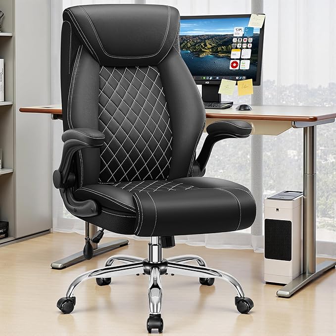 Office Chair, Big and Tall Ergonomic Desk Chair, Executive Leather Computer Chair with Adjustable Lumbar Support, Comfy Gaming Chair with Flip Up Arms, Swivel PC Chair with Rocking Function, Black