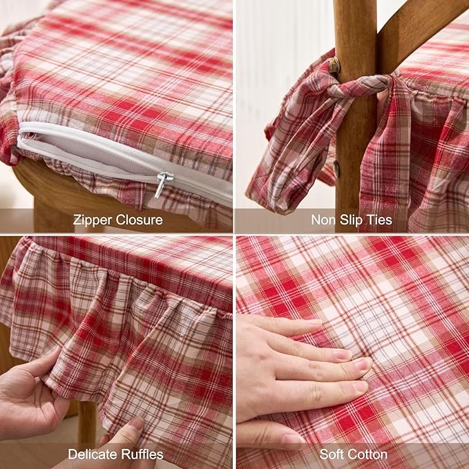 vctops Plaid Cotton Chair Cushion for Kitchen Dining Room Chairs Farmhouse Scottish Tartan Thin Thin Seat Cushion Soft Foam Non Slip Chair Pad with Removable Cover (Red,16"x16")