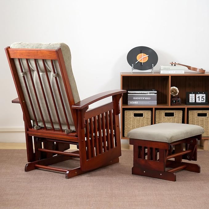 Solid Wood Glider Rocking Chair and Ottoman Set, Rustic Nursery Glider Rocker with Padded Cushion, Smooth Rocking Motion Indoor Living Room Nursing，Napping，Reading, Brown