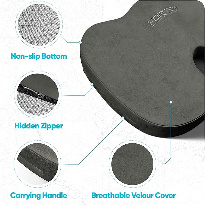 FORTEM Seat Cushion, Office Chair Cushion, Memory Foam Car Seat Cushions, Sciatica Coccyx Tailbone Pain Relief, Chair Cushions for Back Support, Sitting Pad for Gaming, Washable Cover, Non Slip
