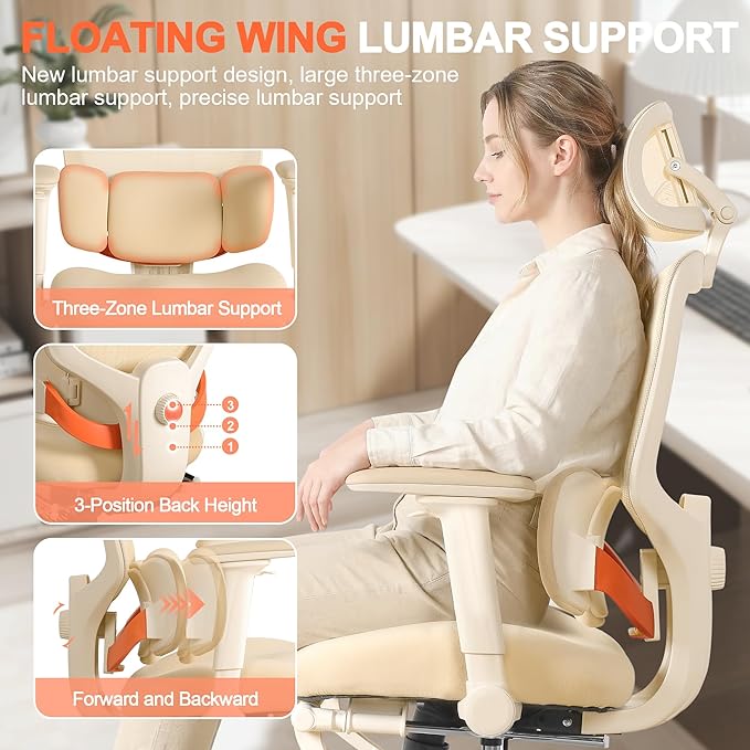 Ergonomic Office Chair with 4D Flip-Up Arms & Footrest, Mesh Desk Gaming Chair with 3D Headrest & 2D Floating Wing Lumbar Support, High Back Computer Chair for Home Office Vanity, Beige