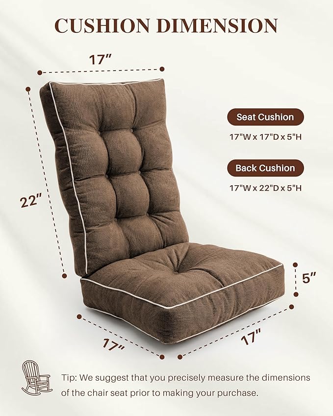 Rocking Chair Cushions Indoor, 5-inch Thicken Seat Cushion with Memory Foam Non-Slip Tufted Chair Pads Set of Seat & Back Cushion for Outdoor Rocker Living Room, Dark Brown, 22x17x5/17x17x5