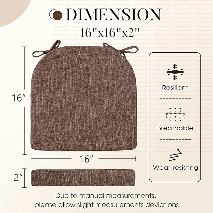 Basic Beyond Chair Cushions for Dining Chairs 6 Pack, Kitchen Chair Cushions with Ties and Non Slip Backing, 16 x 16 inches Chair Pads for Dining Chairs (Brown)
