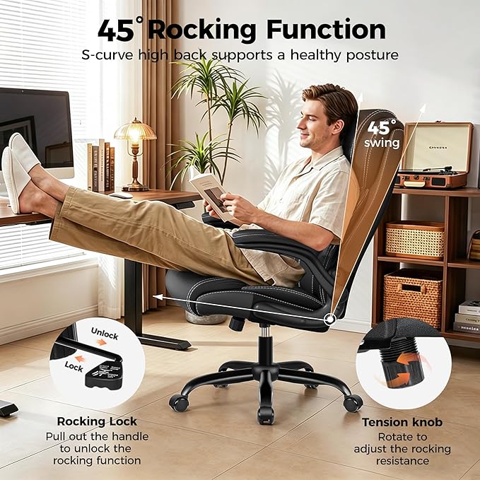 Ergonomic Office Chair, High Back Computer Desk Chair, Executive Leather Chair with Adjustable Lumbar Support & Flip Up Arms, Swivel PC Chair for Home Office Gaming