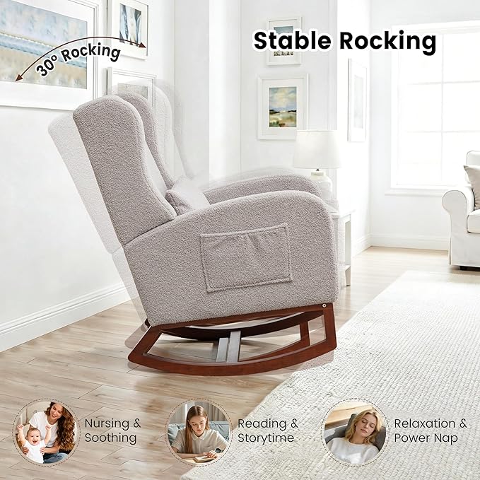 Nursery Rocking Chair,Rocking Chair with Foot Rest,Nursery Rocker Comfy Glider Nursing Chair with Back Pillow for Living Room,Bedroom,Light Grey