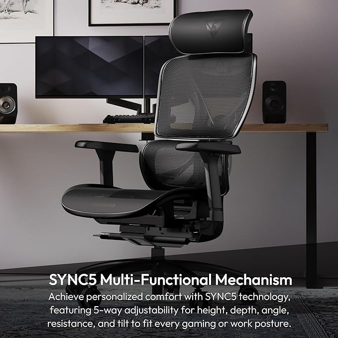 THUNDERX3 XTC Ergonomic Office Chair, for Adults Gaming Chair, High Back Desk Chair, Synchronous Tilt, Self-Adjusting Lumbar Support and Backrest, Adjustable Headrest, Breathable Mesh, Black