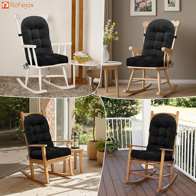 Rocking Chair Cushion - Chenille Fabric, High-Density Sponge, Durable Comfort Non-Slip Bottom Tufted Seat Pads with Ties, Chenille︱Black, 44x19x4 inch