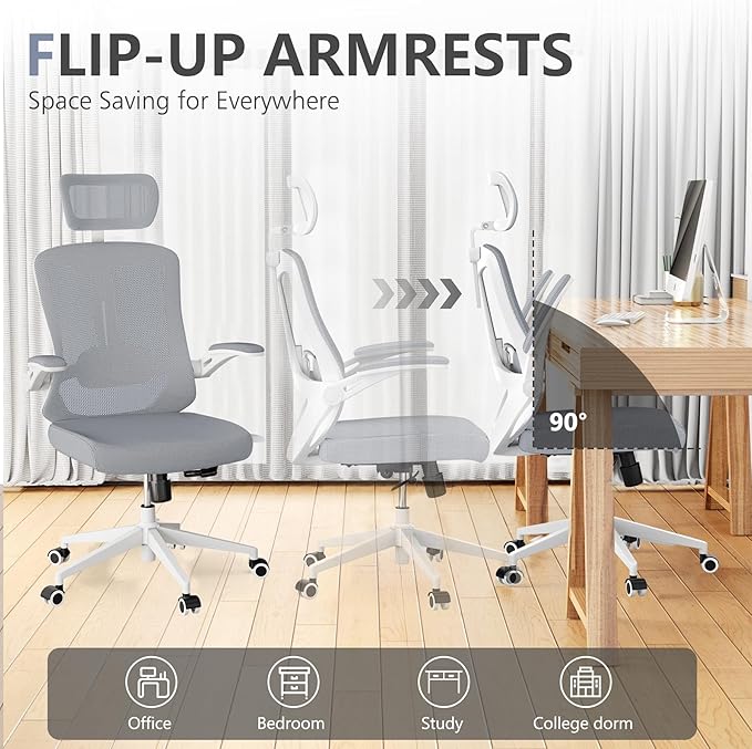 350 LBS Ergonomic Office Computer Mesh Chair - Adjustable Height Rolling Desk Chair with Flip-Up Armrests & High Back Support - Comfortable Swivel Task Chair for Home Office (03grey)