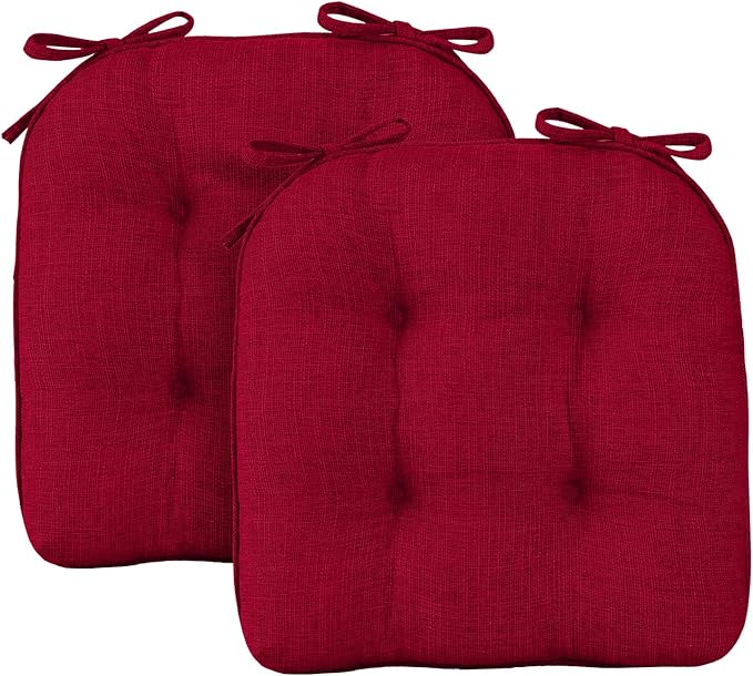 Wellsin Chair Cushions for Dining Chairs, Non-Slip Kitchen Chair Pads with Ties, Tufted Shredded Foam Kitchen Chair Cushions Set of 2, 15.5" X 15.5", Red
