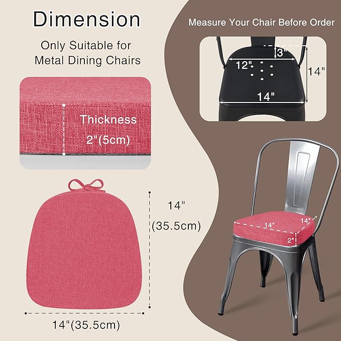 OVOV 14x14 Chair Cushions for Metal Dining Chairs Set of 2 Non Slip Thick Textured Chair Pads for Dining Chairs with Ties and Removable Cover (2, Pink)