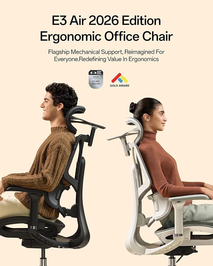 Hbada E3 Air 2026 Ergonomic Office Chair, 3-Zone Lumbar Support, Comfy Home Office Chair with Auto Recline, 4D Headrest & Armrests, 140° Tilt for Work & Relax, Grey
