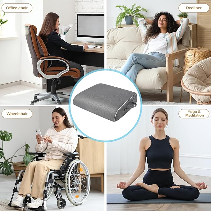 Seat Cushion for Tailbone Pain Relief, Office Chair Cushion, Memory Foam Large Chair Cushion with Non-Slip Cover for Soft Support at Office Chair, Car Seat, Airplane 3.3"-Grey