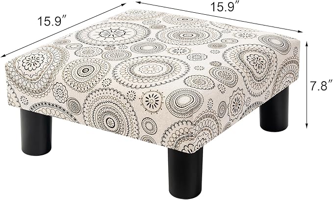 Joveco Small Foot Rest Stool Ottoman, Square Upholstered Fabric Footstool for Couch, Under Desk, Office, Living Room, Printing Beige