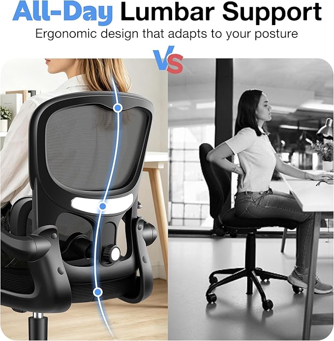 ALLGOD Ergonomic Office Chair, Breathable Mesh Ergonomic Desk Chair with Adjustable Lumbar Support, Flip-up Armrests, Computer Chairs Comfortable for Home, Office, Work, 300lbs, Black, Upgrade