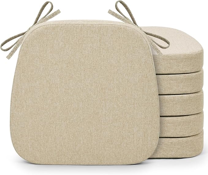 Shinnwa Kitchen Chair Cushions Set of 6, Non-Slip Dining Chair Cushions with Detachable Straps and Machine Washable Cover, 6 Pack, 17x16x2in, Beige