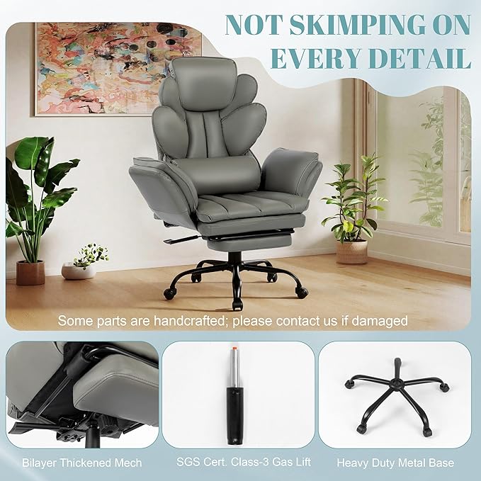 Big and Tall Office Chair, Flip Armrests Criss Cross Office Chair, Reclining Desk Chair with Foot Rest, Adjustable Headrest, Massage Waist Pillow Cross Legged Wide Seat Vanity Chair, PU Leather Grey