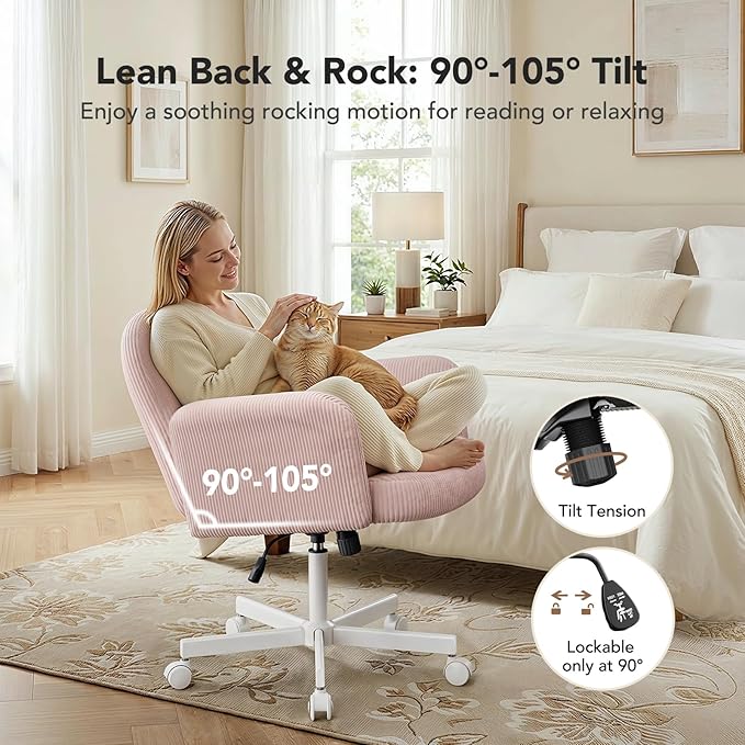 HUANUO Criss Cross Office Chair for Women, Cross Legged Desk Chair with Adjustable Armrests, Soft Corduroy Fabric for Small Spaces, Petite Home Office Computer Chair for Girls, Pink