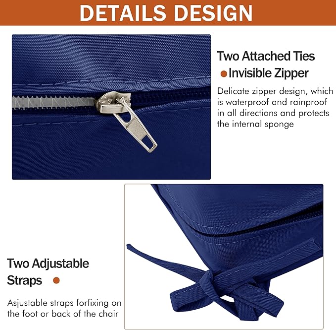 Outdoor Chair Cushions 18.5x16 Inch Water Resistant Patio Chair Cushions with Tie 3 Year Color Fastness Thick Outdoor Seat Cushion for Patio Furniture Navy Set of 4