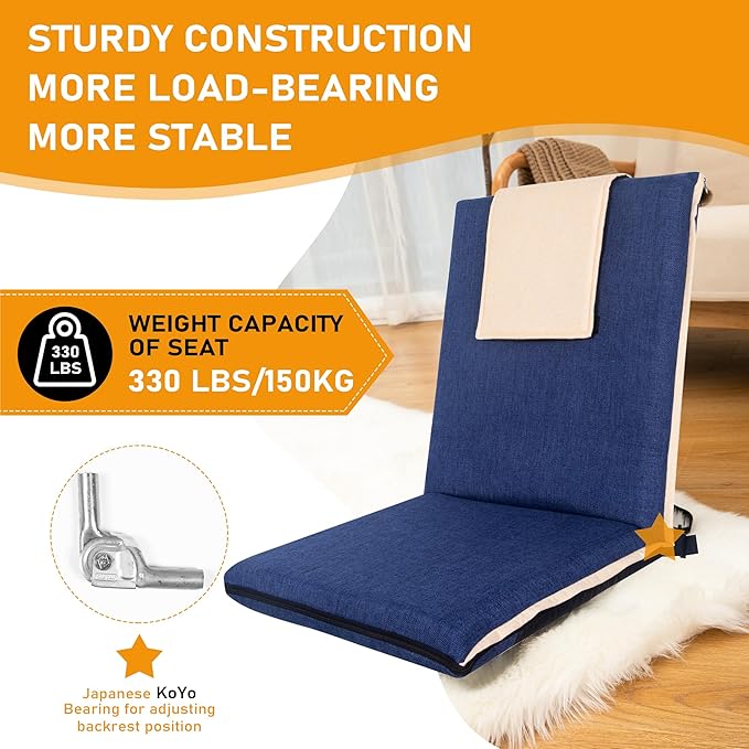 FASTMOMENT 14-Position Adjustable Floor Chair with Back Support - Portable Gound Seating for Adults & Kids, Foldable Meditation Chair with Japanese KOYO Bearings & Washable Linen Cover (Blue)