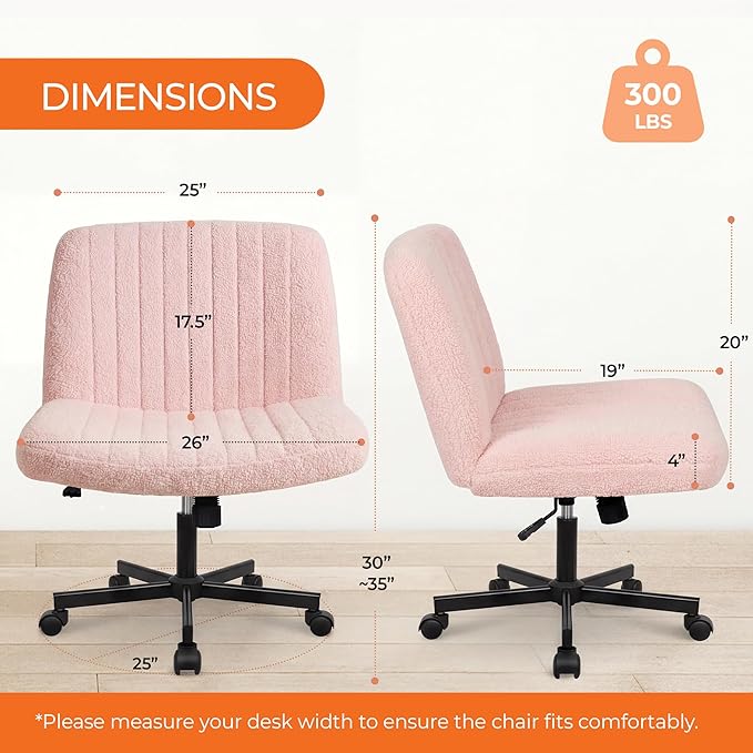 Orange Factory Criss Cross Chair Wheels Vanity Chair Office Desk Comfy Wide Cross Legged Armless Teddy Fabric Adjustable Swivel for Home Computer Task (Pink, Teddy Fleece)