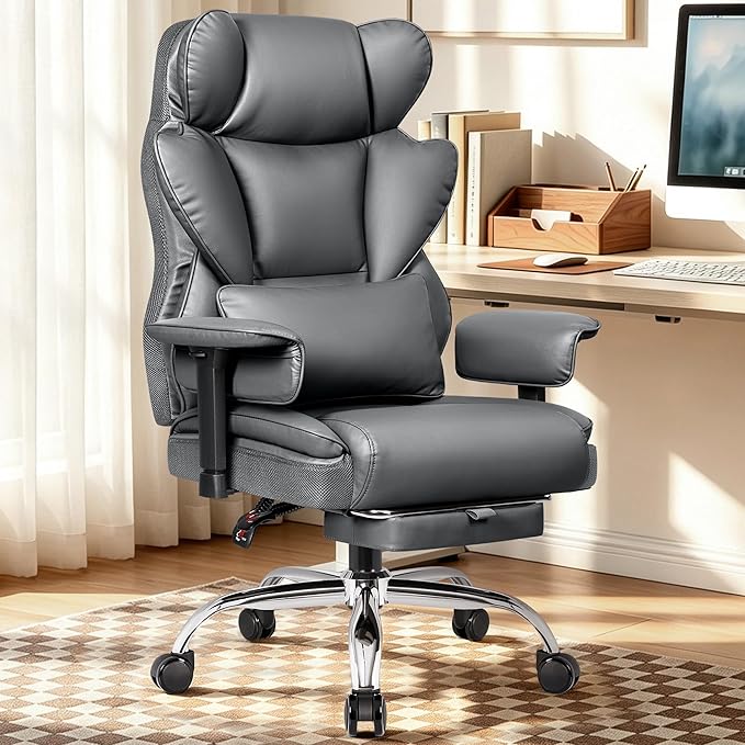 BESTFAIR Big and Tall Office Chair - High Back Executive Chair with Footrest & Lumbar Support for Heavy People, Adjustable Arms, Padded Wide Seat Computer Gaming Chair, Heavy Duty, Gray