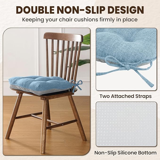 downluxe Indoor Chair Cushions for Dining Chairs, Tufted Overstuffed Textured Kitchen Chair Pads with Ties and Non-Slip Backing, 16.5" x 16.5" x 4", Light Blue, 4 Pack