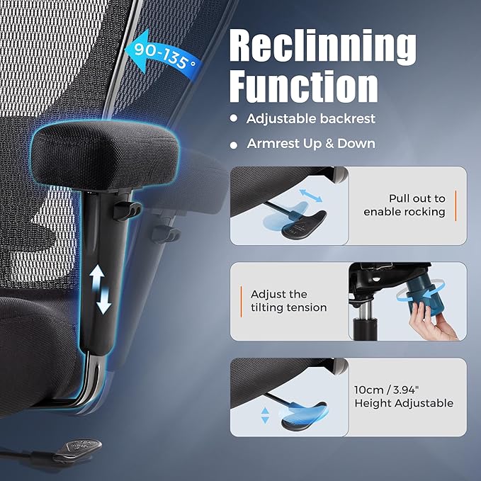 Big and Tall Office Desk Chair 500lbs, Ergonomic Heavy Duty Mesh Desk Chair, Executive Swivel Task Computer Chairs for Home Office, Adjustable Lumbar Support and Armrests (Black)
