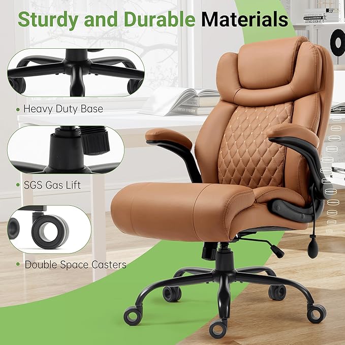 Office Chair, Big and Tall Executive Chairs with Lumbar Support for Back Pain, Breathable Desk Computer Chair with Adjustable Flip-up Armrests,Wide Cushion Swivel Home Office Chair Black,Brown PU