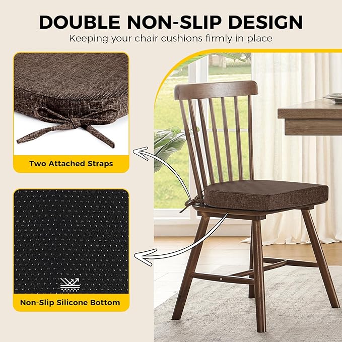 downluxe Indoor Chair Cushions for Dining Chairs, Soft and Comfortable Textured Foam Kitchen Chair Pads with Ties and Non-Slip Backing, 16" x 16" x 2", Brown, 2 Pack