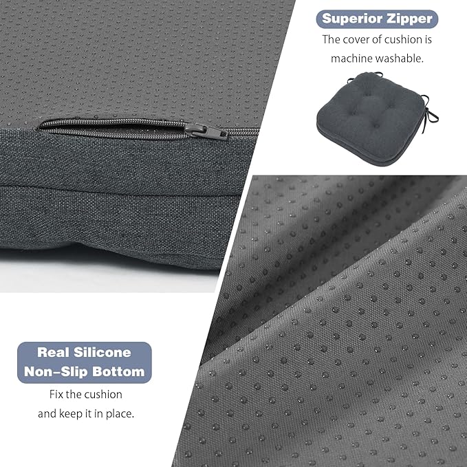 baibu Set of 6 Dining Chair Cushions, Dual-Layer Patent Design Memory Foam Kitchen Chair Cushions, Non-Slip Seat Pads with Ties, 16.5 x 16.5 x 3.5in, 6 Pack, Charcoal Grey