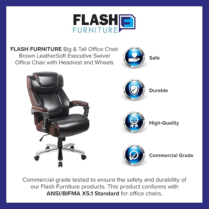 Flash Furniture Hercules Series High-Back Swivel LeatherSoft Office Chair, Ergonomic Executive Chair with Headrest and Adjustable Height, Brown
