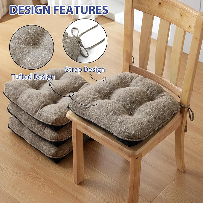 IPYNBAP Chair Cushions for Dining Chairs Set of 4, Kitchen Chair Cushions, Chair Pads with Ties and Non Slip Backing, Tufted Memory Foam Seat Cushion 4 Pack, 18" x 18" x 4", Khaki