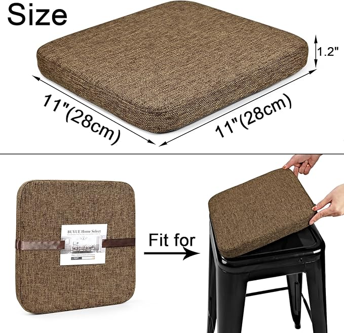 BUYUE Friendly Woven Fabric Magnetic Bar Stool Cushions Set of 4, Enhanced Anti-Slip Breathable Small Chair Seat Pads for Café Bistro Stackable Metal Stools (Square, Brown, 4 Counts)