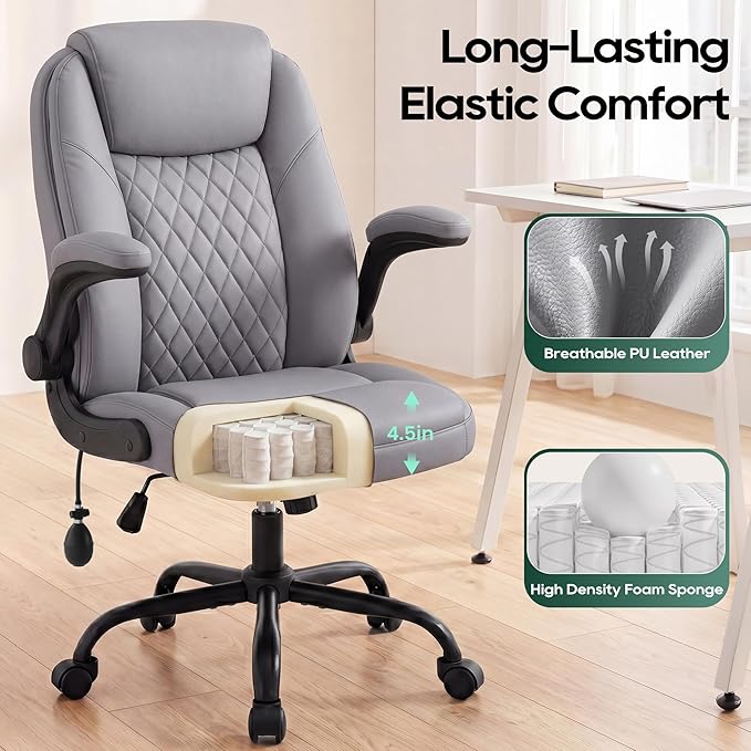 MALOL Leather Office Chair, Home Desk Chair with Adjustable Lumbar Support, Thick Cushion, Flip-Up Arms and Ergonomic Back, Comfy Executive Office Chair for Home Office, Grey