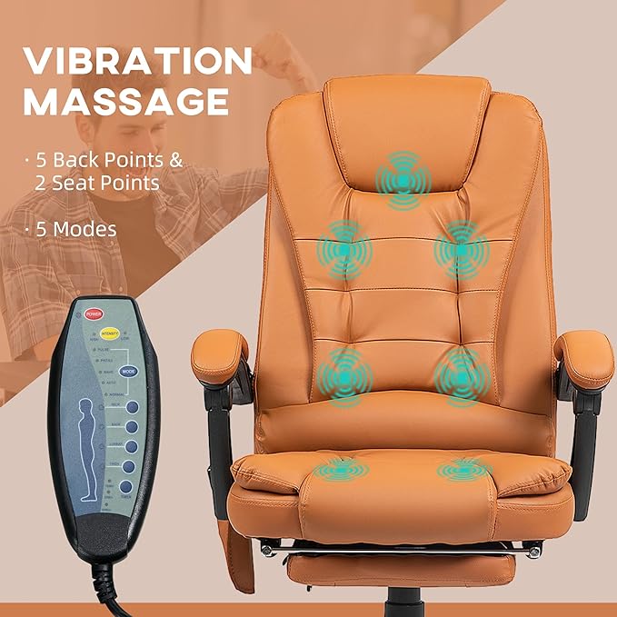 Vinsetto 7-Point Vibrating Massage Office Chair, High Back Computer Chair with Lumbar Support, Footrest, Reclining Back, Adjustable Height, Light Brown