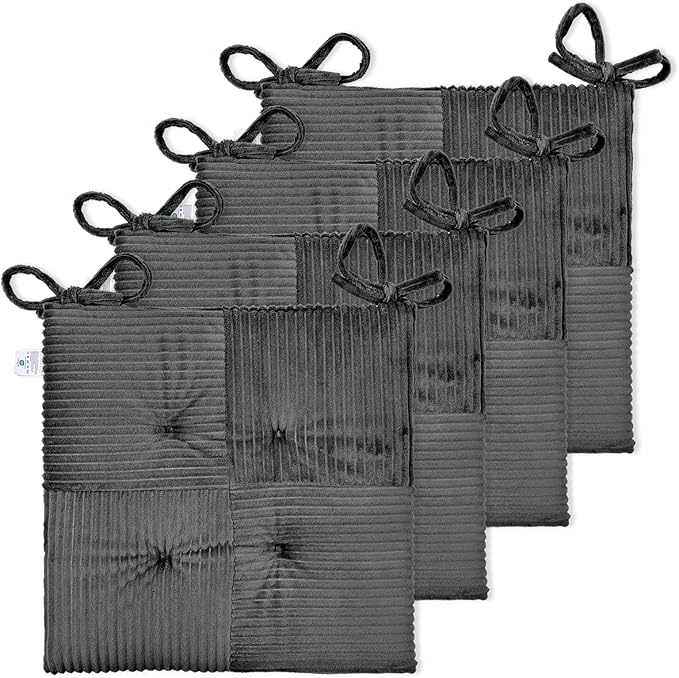 Office Stacking Chair Cushions 4 Pack, Corduroy High Density Foam Kitchen Seat Cushions with Ties, Square 17" x 17" Indoor Non-Slip Dining Chair Pads, Grey，4pcs