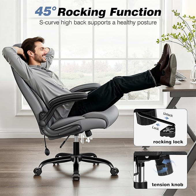 BESTFAIR Ergonomic Office Chair - Desk Computer Chair, Leather High Back Executive Chairs with Adjustable Lumbar Support & Flip Up Arms, Gray 2 Pack