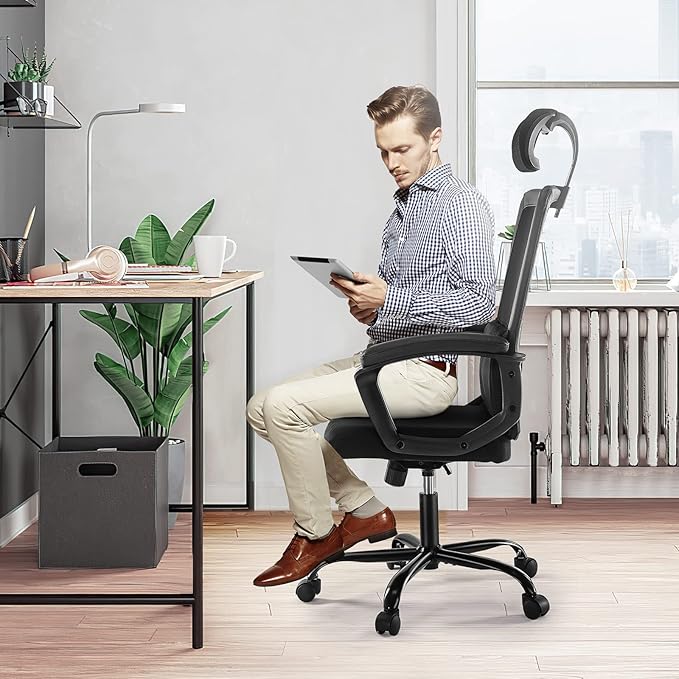 OLIXIS Ergonomic High Back Office Chair – Breathable Mesh with Adjustable Headrest and Lumbar Support, Executive Padded Armrest, Height Computer Task Swivel Rolling, Black (WY56597BK)