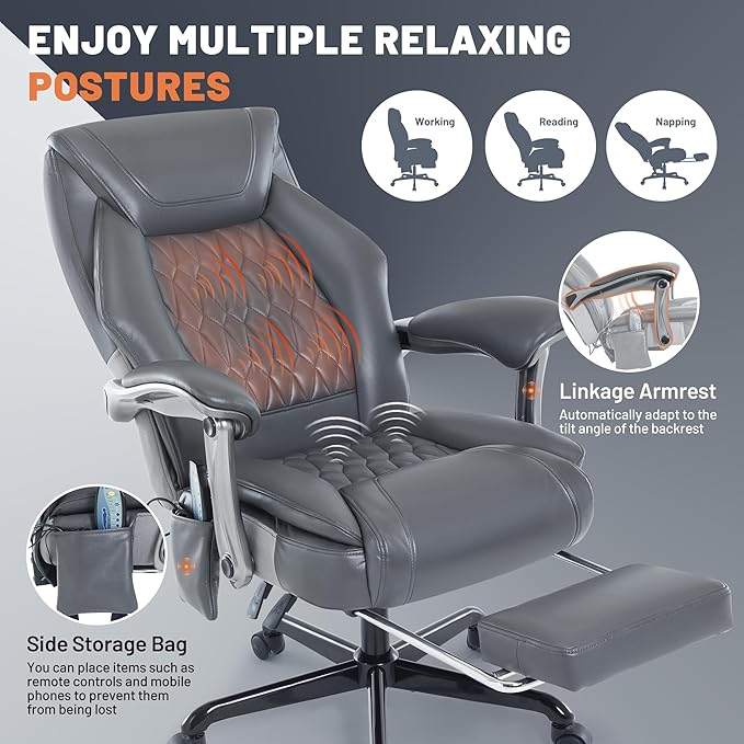 Massage Office Chair with Heat & Foot Rest, 6 Points Vibration, Ergonomic Executive Reclining Desk Chair, PU Leather Padded Seat for Home Office Comfort