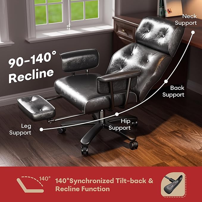 SeekFancy Criss Cross Chair with Wheels and Arms, Reclining Office Chair with Footrest and Wide Seat, Leather Big and Tall Desk Chair 400LBS, Button Tufted Vintage Design, Black