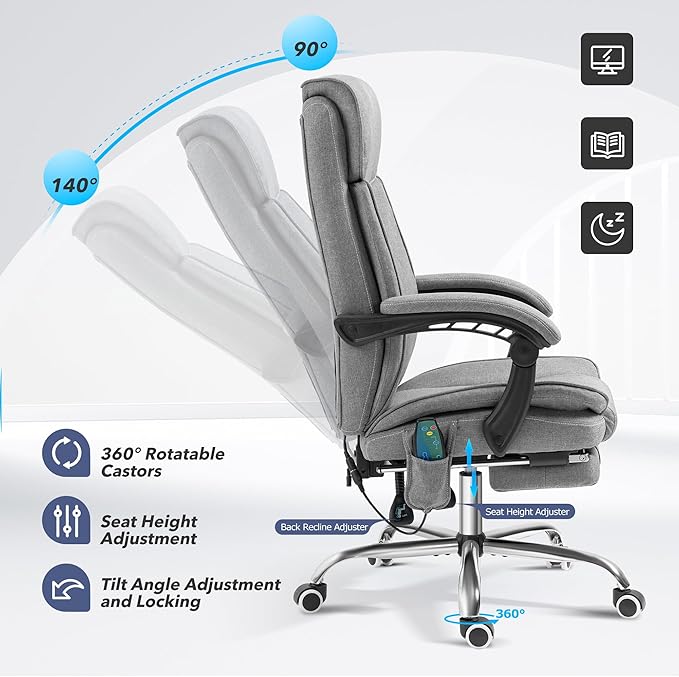 TonghuaS Massage Office Chair with Foot Rest Vibration and Heating, 90-130° Reclining Desk Chair, Ergonomic Reclining Computer Gaming Fabric Chair(Grey)