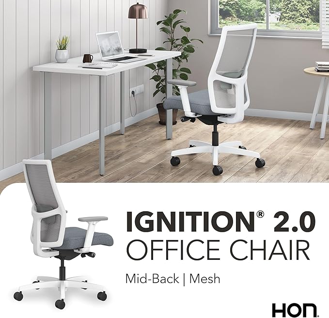 HON Ignition 2.0 Mid‑Back Ergonomic Office Chair with Lumbar Support, Advanced Synchro‑Tilt, Adjustable Arms, Mesh Desk Chair for Home Office, White Frame, Fog