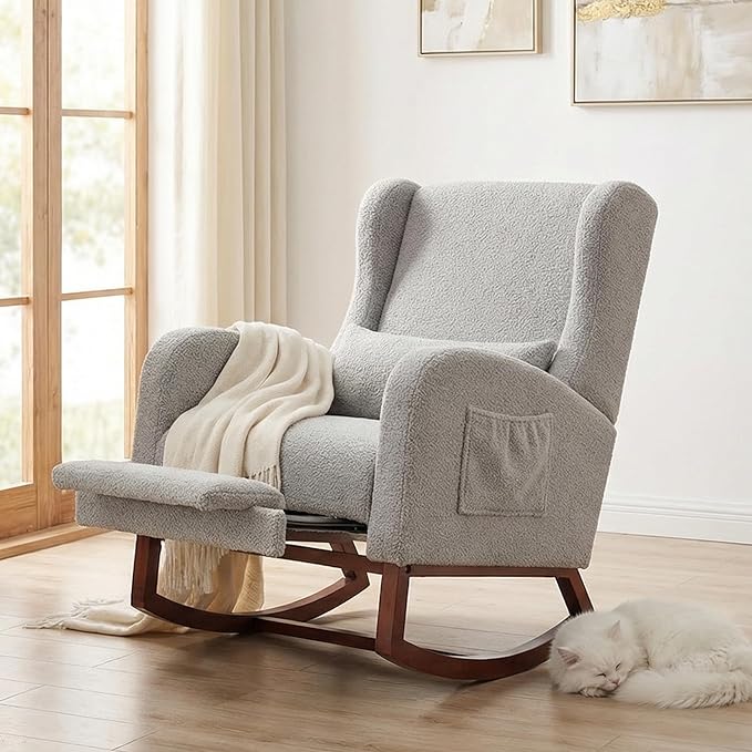 Nursery Rocking Chair,Rocking Chair with Foot Rest,Nursery Rocker Comfy Glider Nursing Chair with Back Pillow for Living Room,Bedroom,Light Grey