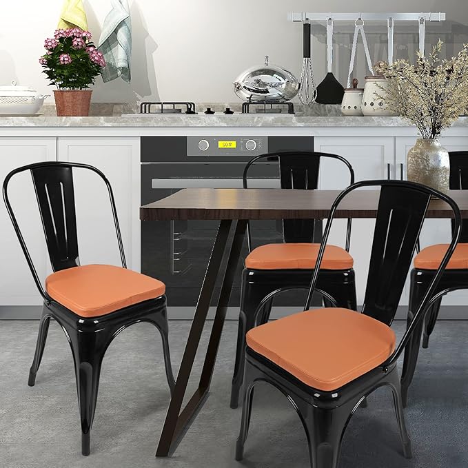 SINOSSO Modern Faux Leather 14" Metal Chair Cushion, Leathaire Magnetic Chair Pad for Dining Kitchen Cafe Bistro Stackable Chair (U-Shape, Orange, 1)