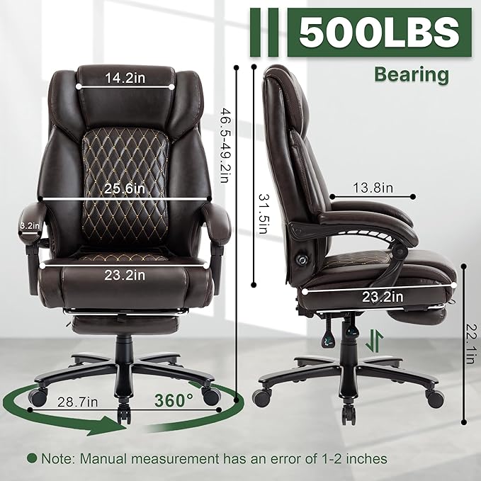 Reclining Office Chair with Retractable Footrest & Adjustable Lumbar Support - 500 lbs Capacity for Big and Tall Users, Leather Executive Desk Chair for Home Office, Work, and Relaxation, Brown