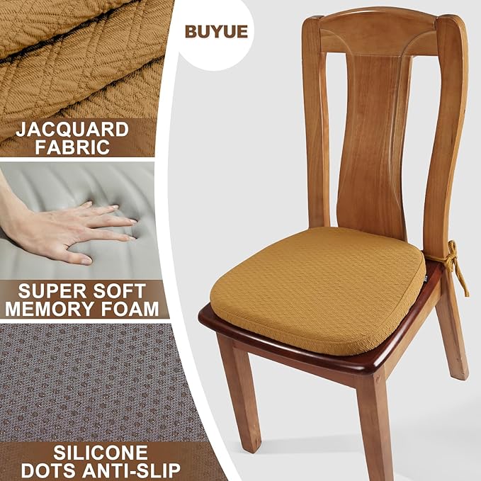 BUYUE Luxury Memory Foam Chair Cushions 6 Pack, Jacquard 16" U-Shape Comfortable Dining Chair Pads, Removable Slip Resistant Kitchen Chair Seat Cushions (Set of 6, Ocher)
