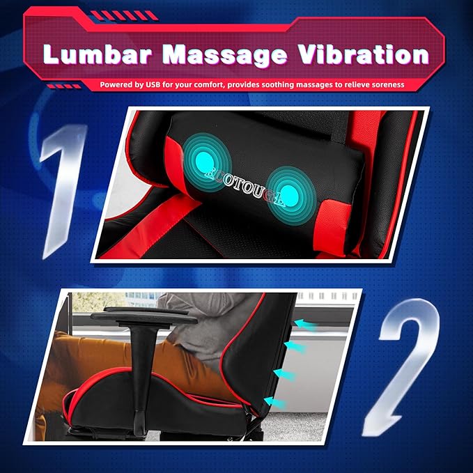 ECOTOUGE PC Massage Gaming Chair with Footrest Ergonomic Office Desk Chair Racing PU Leather Recliner Swivel Rocker with Headrest and Lumbar Pillow,Red