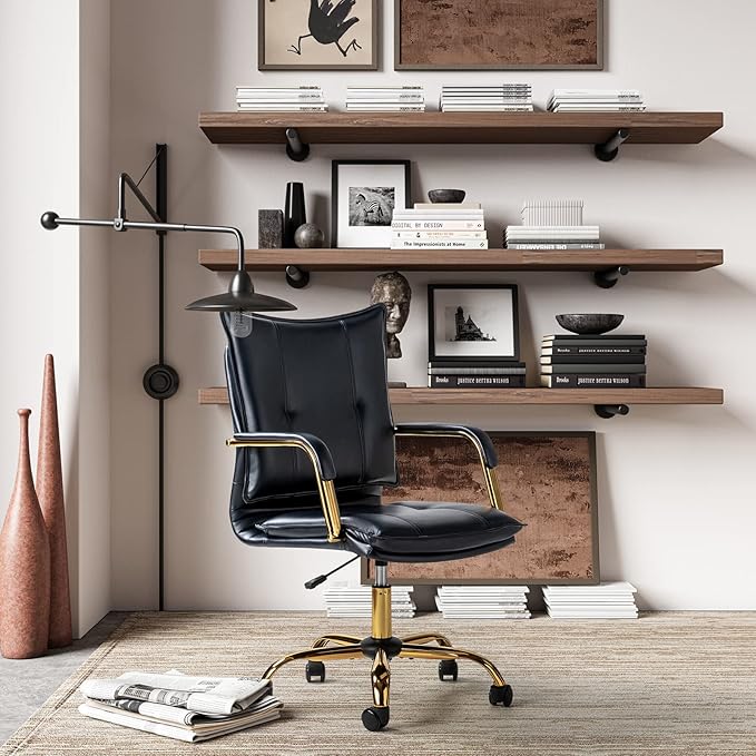 HULALA HOME Faux Leather Home Office Desk Chair, Adjustable Swivel Computer Chair with Golden Legs and Arms, Comfy Upholstered Task Chair, Navy