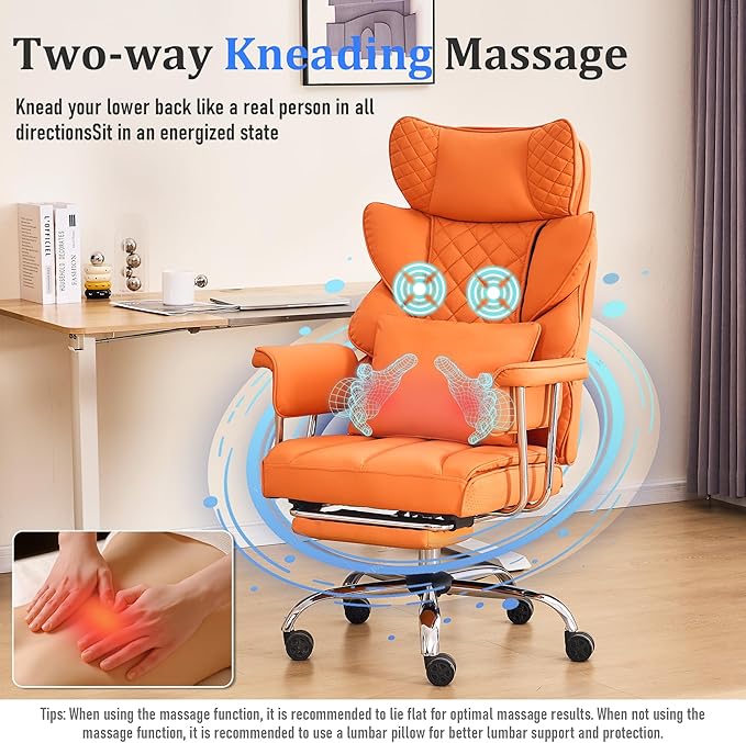 DYHOME 500 Lbs Kneading Massage Office Chair with Foot Rest, Ergonomic Reclining Home Computer Chair, High Back Thick Cushion Big & Tall Office Chair, Comfy Leather Heavy Duty Executive Chair, Orange