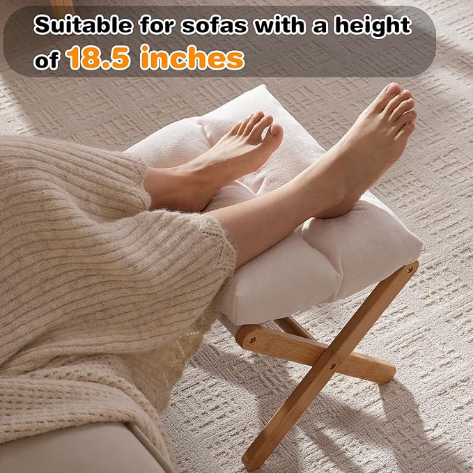 Baveke Ottoman Foot Rest- Bamboo Foldable Stool, Foot Stools Small Ottman with Upholstered & X Legs, Folding Shoe Bench, Bedroom and Living Room, Small Beige(FSC-Certified Bamboo)
